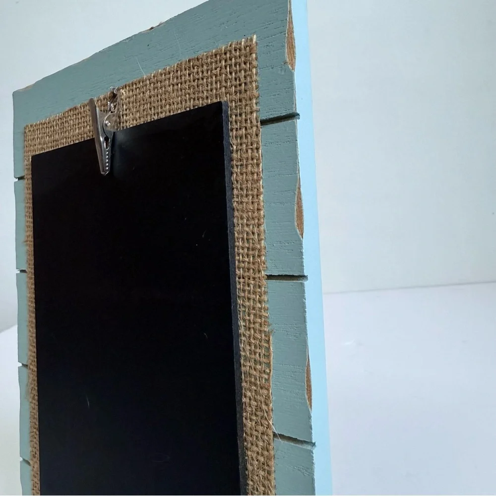 Rustic Farmhouse Light Blue Wood Picture Frame with Burlap & Chalkboard